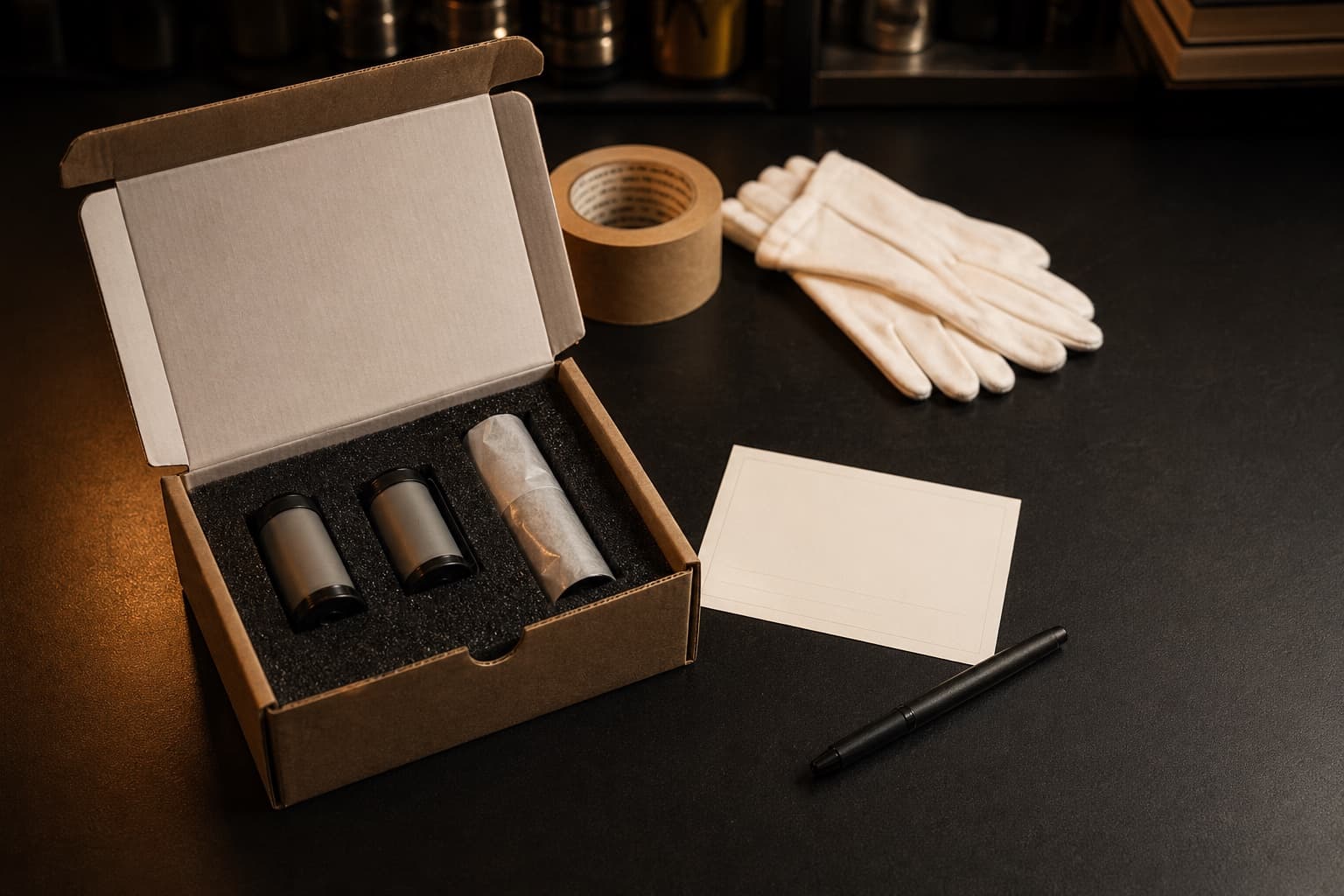 Film drop-off and shipping intake setup with rigid mailer, foam padding, film canisters, gloves, intake card, and pen