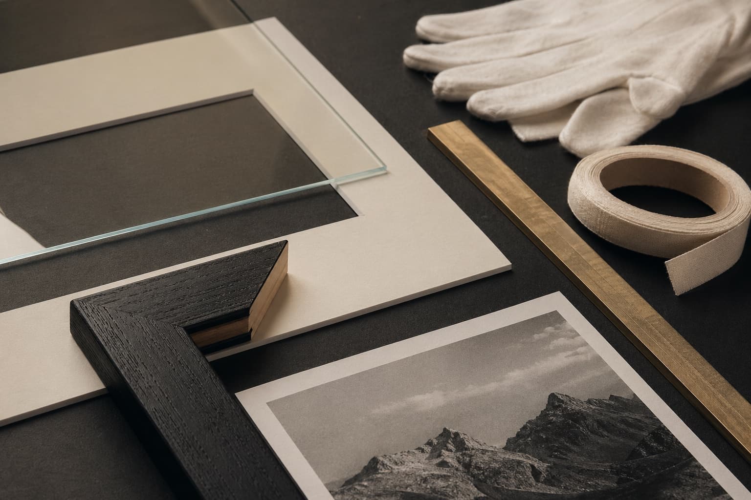 Framing bench with mat board, print, glass, and tape