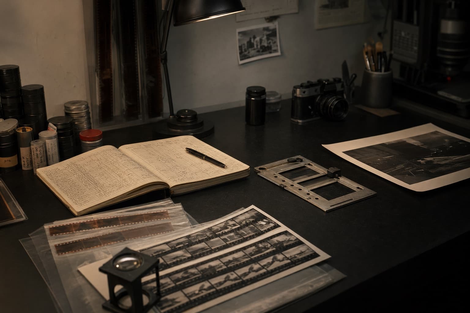 Independent analog film lab workbench with logbook, contact sheets, loupe, camera, scan holder, and proof print