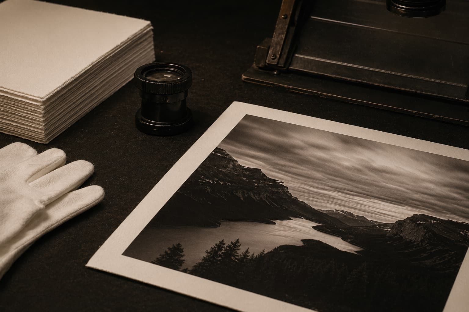 Fine art print proof on a lab table with gloves and paper samples